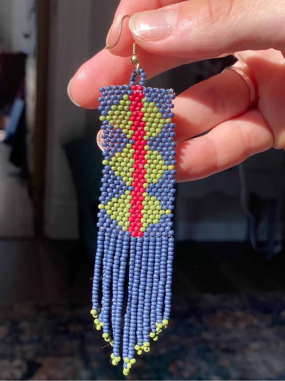 Handmade Blue Seed Bead Fringe Earrings with Red and Lime Accents